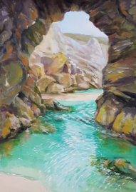Perranporth rock pool. Acrylic on canvas board A4