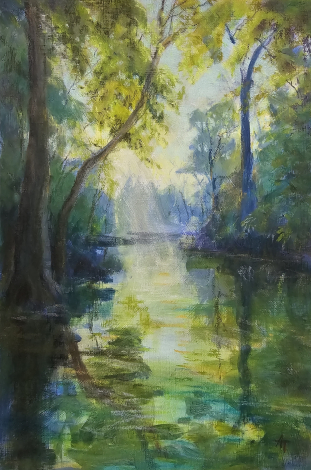 Morning sunlight through the trees on the river. Pastel painting.