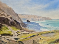 View to Trevaunance from Trevellas Porth, Cornwall. Oil painting.