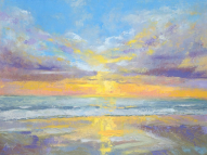 Sunset oil and cold wax painting. Framed.