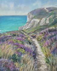 Pastel painting. Cliffs at St. Agnes with heather. Unframed