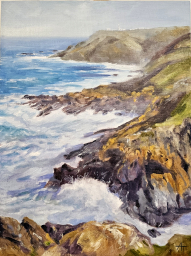 Rough seas at Levant Mine. Cornwall. Oil painting. Framed.