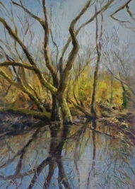 Winter sun through the trees. Oil painting on A4 wood panel. 