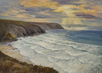 Evening light over Porthtowan cliffs oil painting