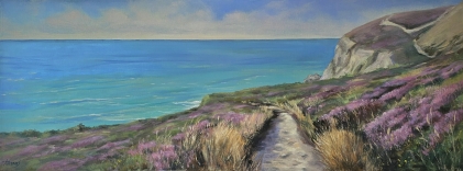 Heather on the cliffs at St. Agnes. Oil on box canvas. 